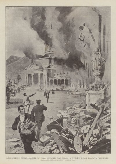 The International Exhibition of Como Destroyed by Fire, The Burning of the Main Facade by Achille Beltrame